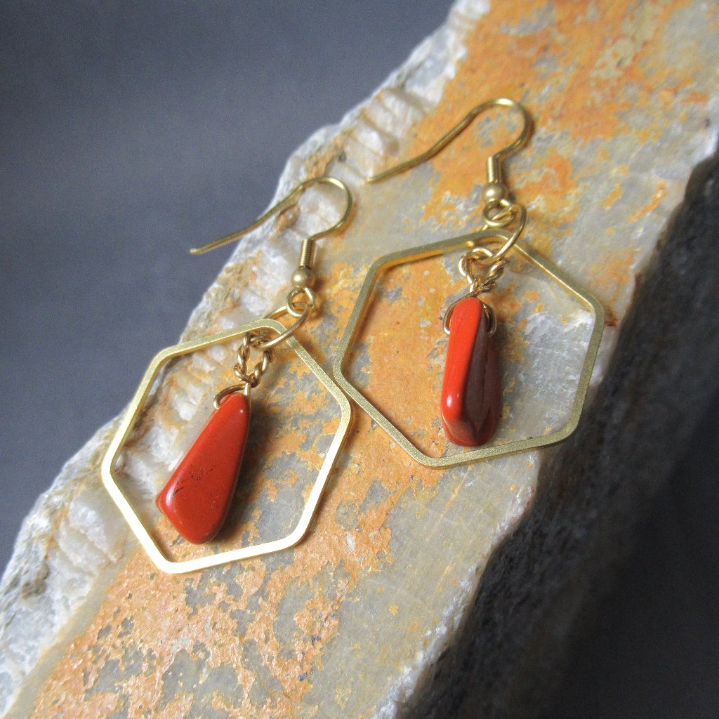 Red Jasper Earrings, Natural Jasper In Brass